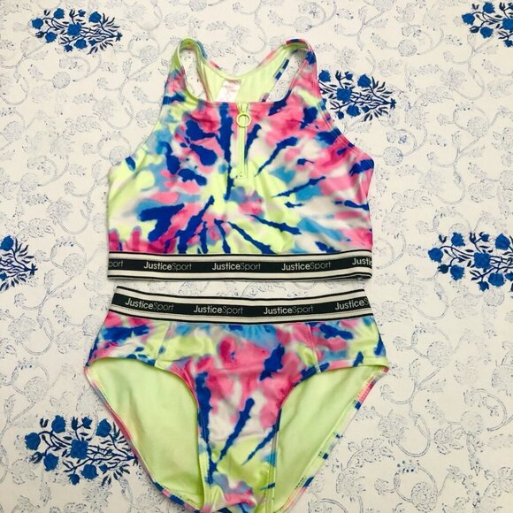 JUSTICE Girls Swimsuit Tankini Swim Tank Bikini Size L 12/14 Tie Dye Zip - Picture 3 of 16